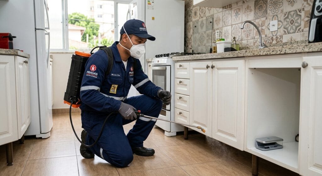 Profissional realizando dedetização para controle de pragas